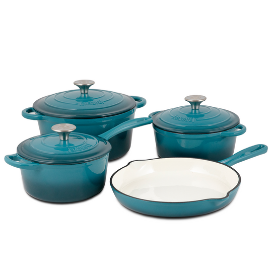 a group of blue pots and pans